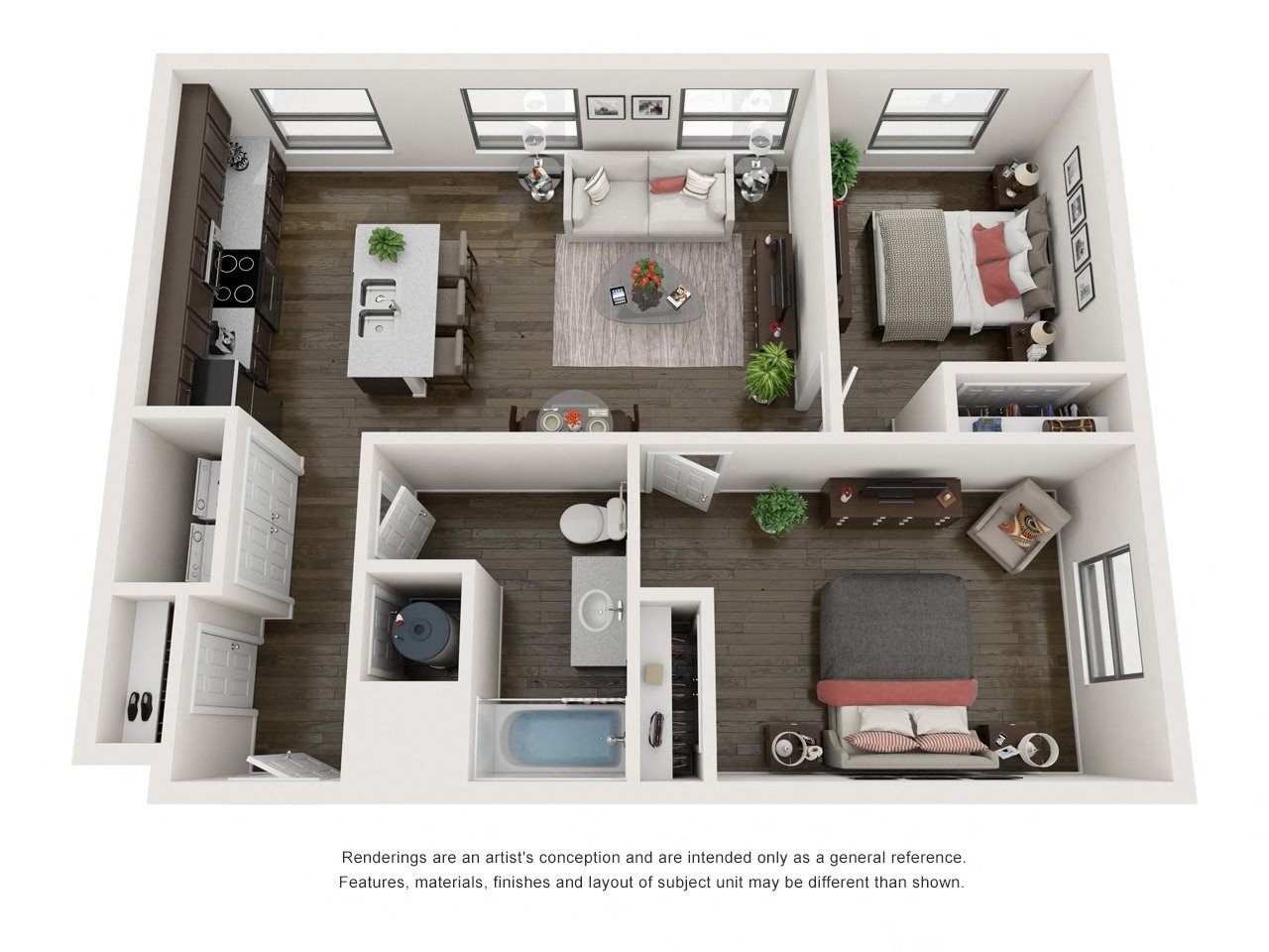 2 Bedroom 1 Bath 3D Floorplan 2 Bedroom 1 Bath 870 Square Feet 3D Floorplan - The Arts Lofts at Dayton Arcade, Dayton, OH